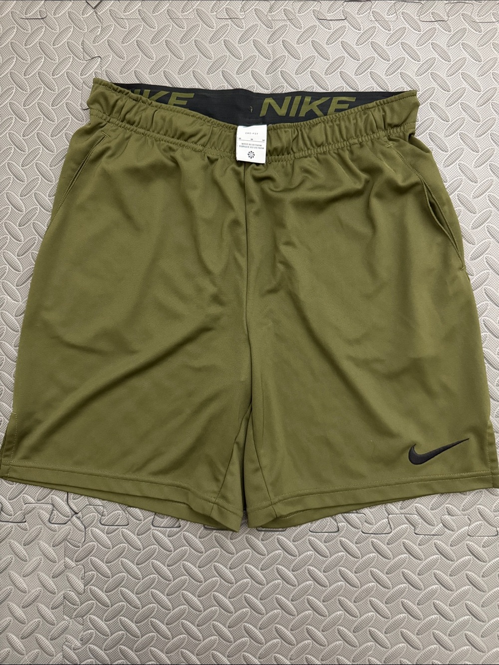 Nike Men's Olive Athletic Training Shorts with Black Swoosh